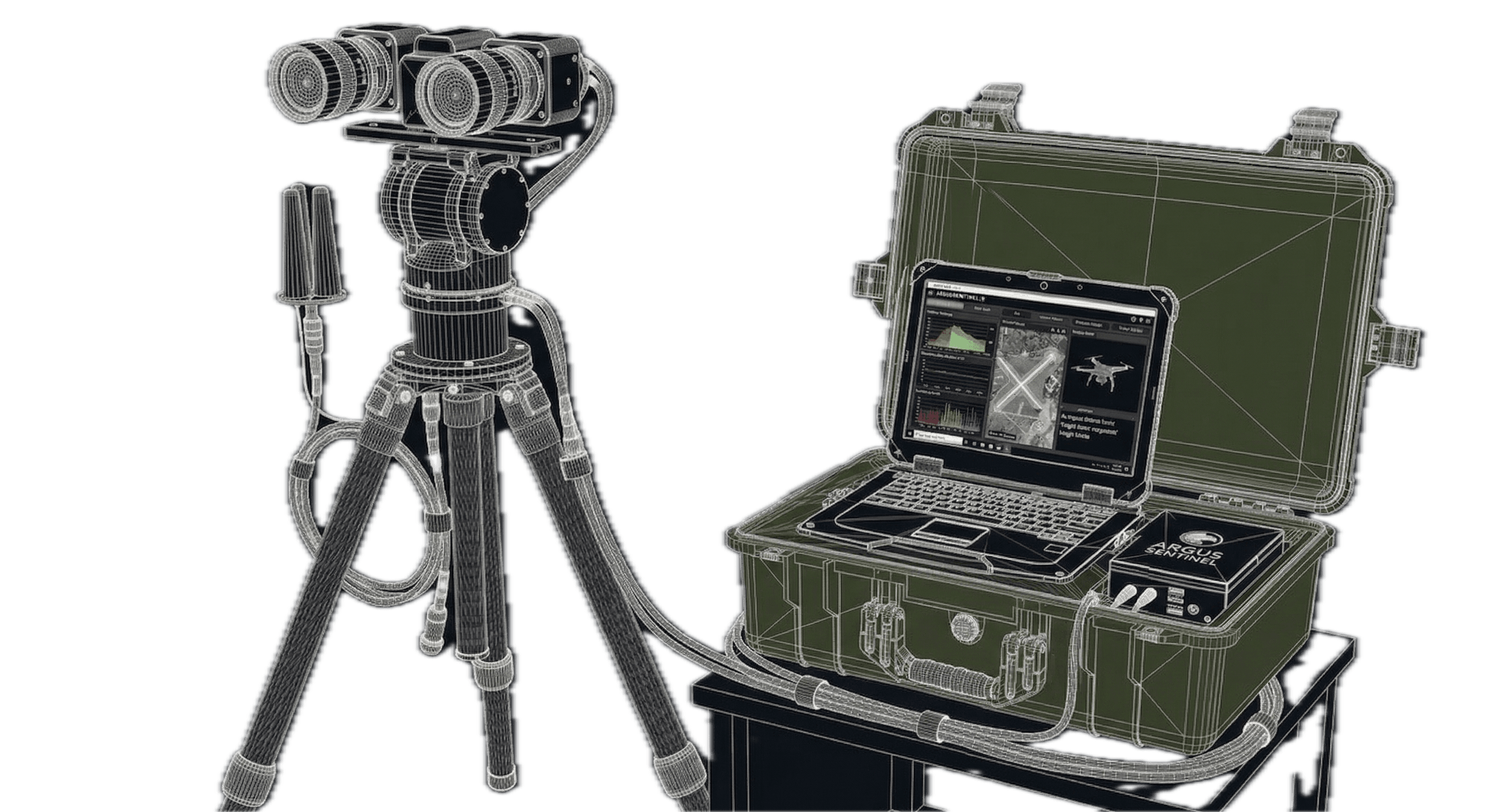 Argus Sentinel counter-UAS system — sensor array on tripod and ruggedized ground station