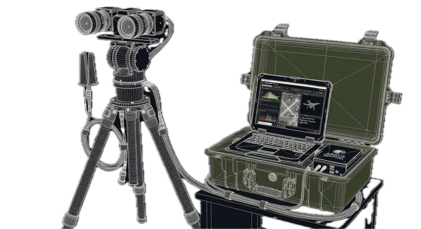 Argus Sentinel counter-UAS system — sensor array on tripod and ruggedized ground station
